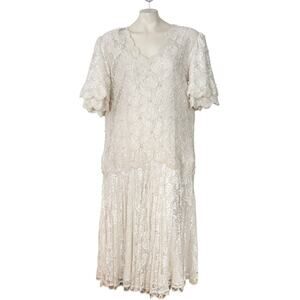 VTG LAURENCE KAZAR Pearl Bead Lace Dress in Ivory Cream  Wedding Gatsby  SZ 2X